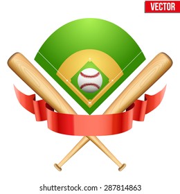 Vector illustration of baseball leather ball and wooden bats on field. Symbol of sports. Isolated on white background.