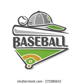 Vector illustration of baseball logo sport, consisting of a grassy baseball field with base, a bat and a ball and cap