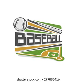 Vector illustration of baseball logo sport, consisting of a grassy baseball field with base, a bat and a shot flying ball on stadium arena