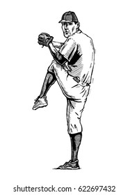 Vector illustration of a baseball pitcher ready to make a pitch. Hand drawn ink illustration.