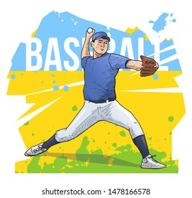 Vector illustration of baseball pitcher throwing the ball. Baseball sport themed poster on abstract background