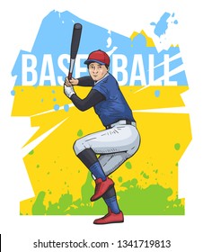 Vector illustration of a baseball player with bat, ready to hit. Beautiful sport themed poster. Abstract background, summer sports, team game