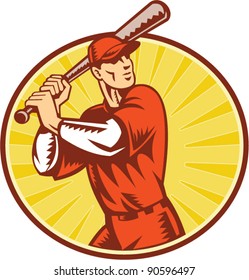 vector illustration of a baseball player batting set inside circle with sunburst done in retro woodcut style.