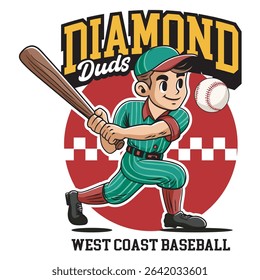Vector Illustration of Baseball Player Carrying Baseball Bat with Detailed Retro Cartoon Available for Logo Badge