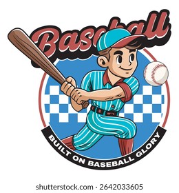 Vector Illustration of Baseball Player Carrying Baseball Bat with Detailed Retro Cartoon Available for Logo Badge