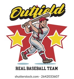 Vector Illustration of Baseball Player Carrying Baseball Bat with Detailed Retro Cartoon Available for Logo Badge