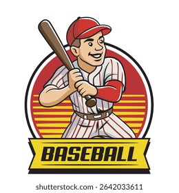 Vector Illustration of Baseball Player Carrying Baseball Bat with Detailed Retro Cartoon Available for Logo Badge
