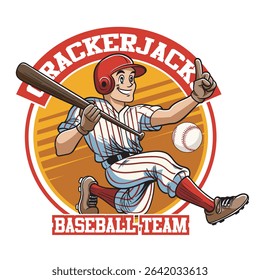 Vector Illustration of Baseball Player Carrying Baseball Bat with Detailed Retro Cartoon Available for Logo Badge