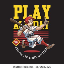 Vector Illustration of Baseball Player Carrying Baseball Bat with Detailed Retro Cartoon Available for Tshirt Design