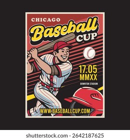 Vector Illustration of Baseball Player Carrying Baseball Bat with Detailed Retro Cartoon Available for Poster