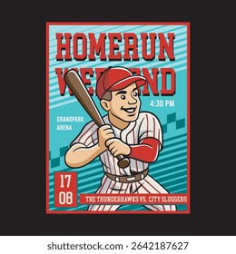 Vector Illustration of Baseball Player Carrying Baseball Bat with Detailed Retro Cartoon Available for Poster