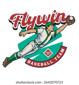 Vector Illustration of Baseball Player Catch a Baseball's Ball with Detailed Retro Cartoon Available for Logo Badge