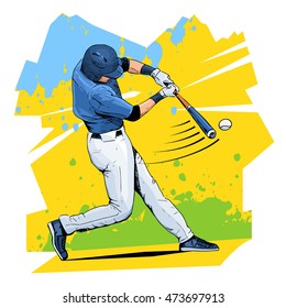 Vector illustration of a baseball player hitting the ball. Beautiful sport themed poster. Abstract background, summer sports, team game