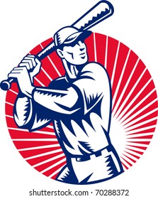 vector illustration of a Baseball player holding bat with sunburst in background set inside circle done in retro woodcut style.