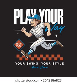 Vector Illustration of Baseball Player Running with Detailed Retro Cartoon Available for Tshirt Design