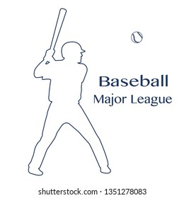 Vector illustration with baseball player standing with bat in his hands and ball. Sports background. Design for banner, poster or print.