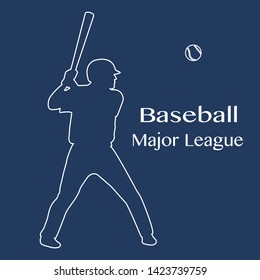 Vector illustration with baseball player standing with bat in his hands and ball. Sports background. Design for banner, poster or print.