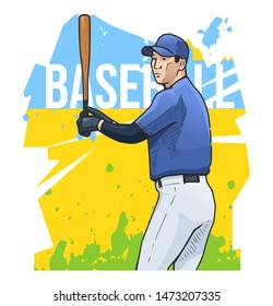 Vector illustration of baseball player standing with bat. Sport themed baseball poster on abstract background