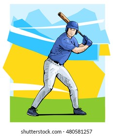 Vector illustration of a baseball player standing with the baseball bat. Beautiful sport themed poster. Team game, summer sports, baseball batter