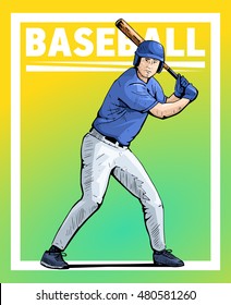 Vector illustration of a baseball player standing with the baseball bat. Beautiful sport themed poster. Team game, summer sports, baseball batter