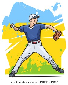 Vector illustration of a baseball player throwing the ball, youth league, young boy. Beautiful sport themed poster. Abstract background, summer sports, team game, baseball pitcher