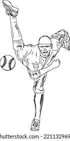 Vector illustration of baseball player throwing ball, sketch drawing of Drawing baseball player pitcher outfield, cartoon doodle silhouette of baseball throw