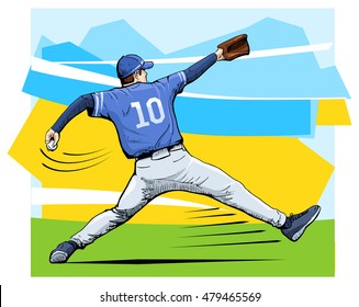 Vector illustration of a baseball player throwing the ball. Beautiful sport themed poster. Abstract background, summer sports, team game, baseball pitcher