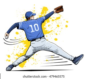 Vector illustration of a baseball player throwing the ball. Beautiful sport themed poster. Abstract background, summer sports, team game, baseball pitcher
