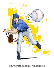 Vector illustration of a baseball player throwing the ball. Beautiful sport themed poster. Abstract background, summer sports, team game, baseball pitcher