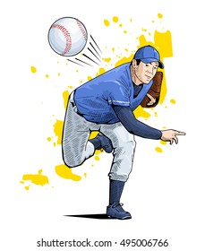 Vector illustration of a baseball player throwing the ball. Beautiful sport themed poster. Pitcher throwing the ball isolated on abstract background. Team game, summer sports.