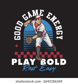 Vector Illustration of Baseball Player Trow Baseball's Ball with Detailed Retro Cartoon Available for Tshirt Design