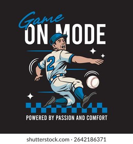 Vector Illustration of Baseball Player Trow Baseball's Ball with Detailed Retro Cartoon Available for Tshirt Design