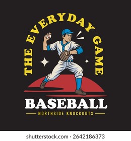 Vector Illustration of Baseball Player Trow Baseball's Ball with Detailed Retro Cartoon Available for Tshirt Design