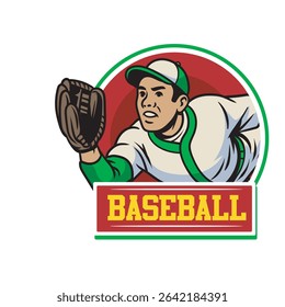 Vector Illustration of Baseball Player Wearing Baseball Gloves with Detailed Retro Cartoon Available for Logo Badge