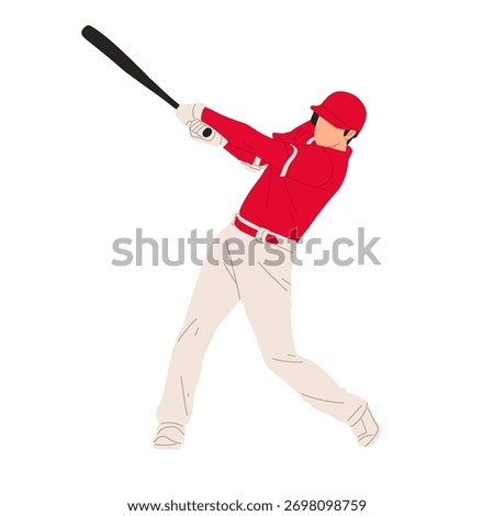 Vector illustration of a baseball player wearing a red uniform, ready to hit the ball with a bat. Perfect for sports design, team logo, or baseball training concept.