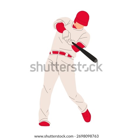 Vector illustration of a baseball player wearing a red uniform, ready to hit the ball with a bat. Perfect for sports design, team logo, or baseball training concept.