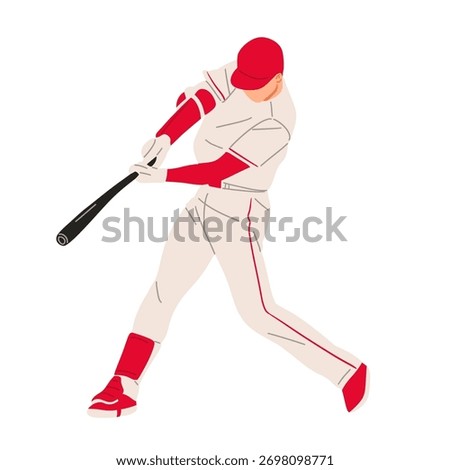 Vector illustration of a baseball player wearing a red uniform, ready to hit the ball with a bat. Perfect for sports design, team logo, or baseball training concept.