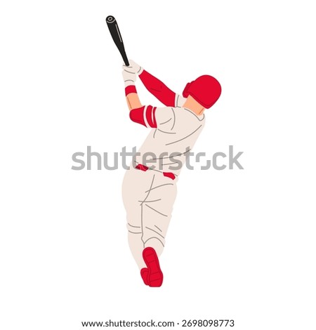 Vector illustration of a baseball player wearing a red uniform, ready to hit the ball with a bat. Perfect for sports design, team logo, or baseball training concept.
