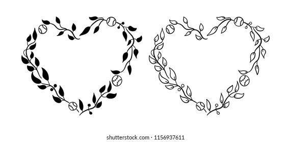 Vector illustration for baseball, romantic black heart-shaped frame for your text, separately, scrapbooking, decor wreath. Frame for Valentine's day.