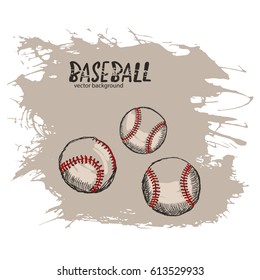 Vector Illustration Of A Baseball. Sketch, Hand Drawing. Beige Grunge Background.