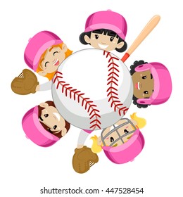 Vector Illustration of Baseball Team Girls around the Ball