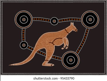 A vector illustration based on aboriginal style of dot painting depicting Kangaroo.