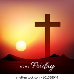 Vector Illustration based on Evening Scene with Religious Symbol Cross and stylish text on shiny background on the occasion of Good Friday.