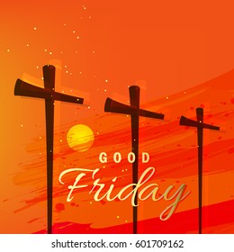 Vector Illustration based on Evening Scene with Religious Symbol Cross and stylish text on grungy texture background on the occasion of Good Friday.