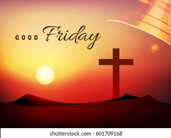  Vector Illustration based on Evening Scene with Religious Symbol Cross and stylish text on shiny background on the occasion of Good Friday.