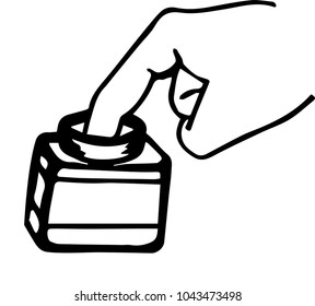 A vector illustration based on an ink drawing of a hand dipping a finger in a glass jar. Filled with, for example, ink or fingerpaints. 