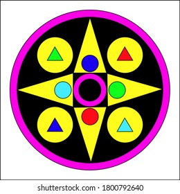 Vector illustration, based on the karmic wheel, two large circles, with triangles and small circles inside