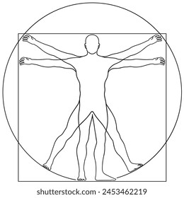 Vector Illustration Based on Leonardo da Vinci’s Vitruvian Man. Concept of Ideal Proportions of the Human Body. Outline Style