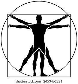 Vector Illustration Based on Leonardo da Vinci’s Vitruvian Man. Concept of Ideal Proportions of the Human Body. Silhouette Style