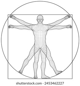 Vektorillustration nach Leonardo da Vincis Vitruvianischem Mann. Konzept der idealen Proportionen des menschlichen Körpers. 3D-Netzstil